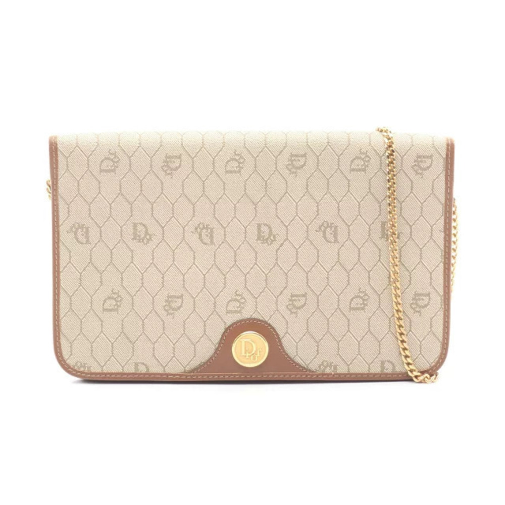 Christian Dior Honeycomb Shoulder Bag Canvas Leather Beige Cream Brown